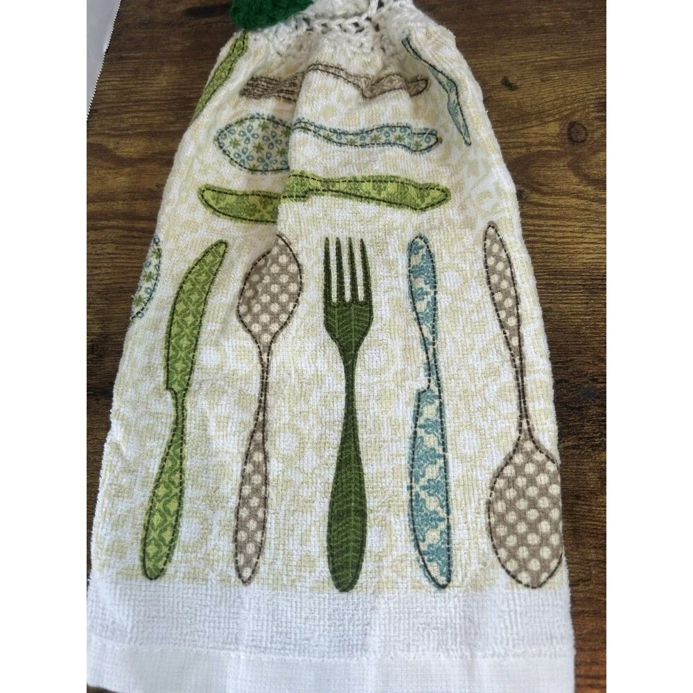 Set Of 2 Hanging Kitchen Towels Crochet Top Spoon Fork Farmhouse Decor Rustic